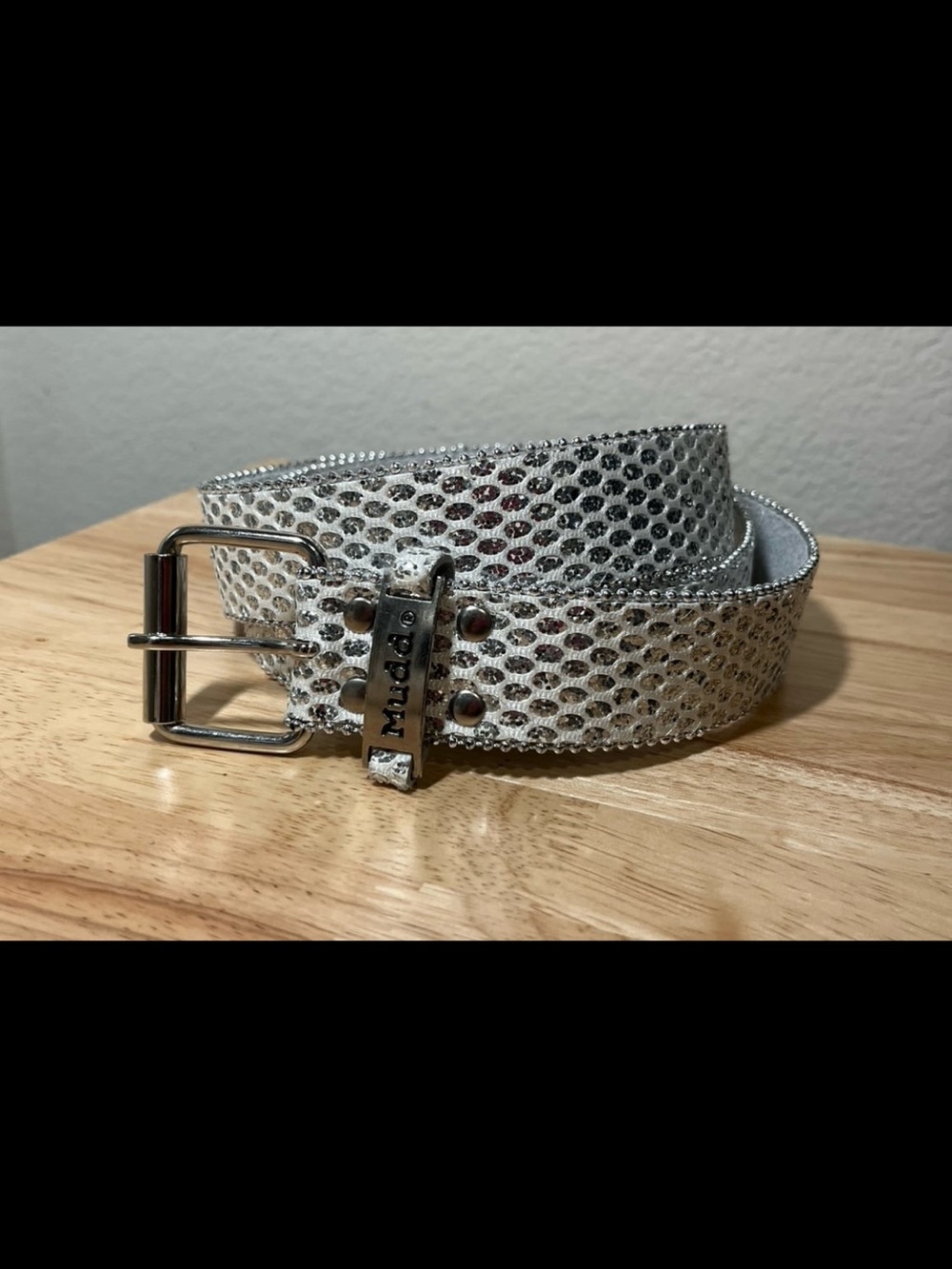 Y2K Mudd White Leather Bling Belt Glitter Zipper Edge Women’s XL